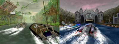 The left hand side shows an animated speedboat cruising through a jungle. The right hand side shows the speedboard hurtling towards a castle
