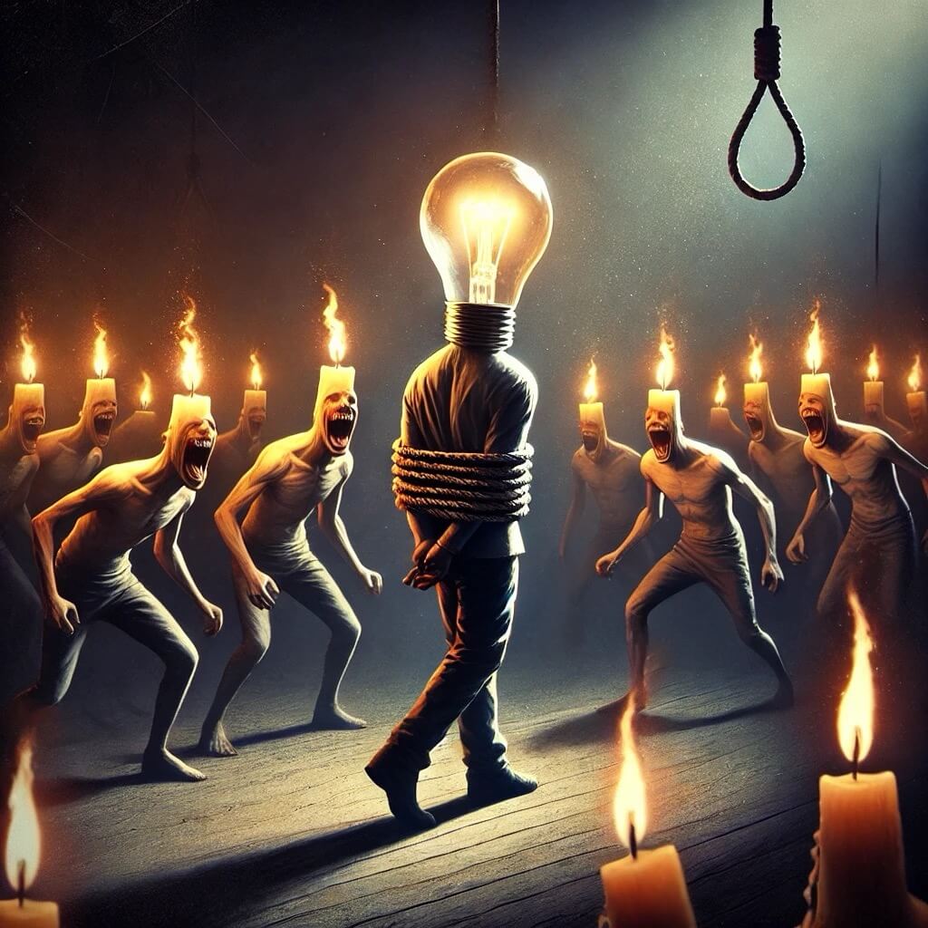 A figure with a lightbulb for a head, walks, arms bound in rope, through many humanoid shrieking monsters that have candles for heads, and big mouths with gnarly teeth