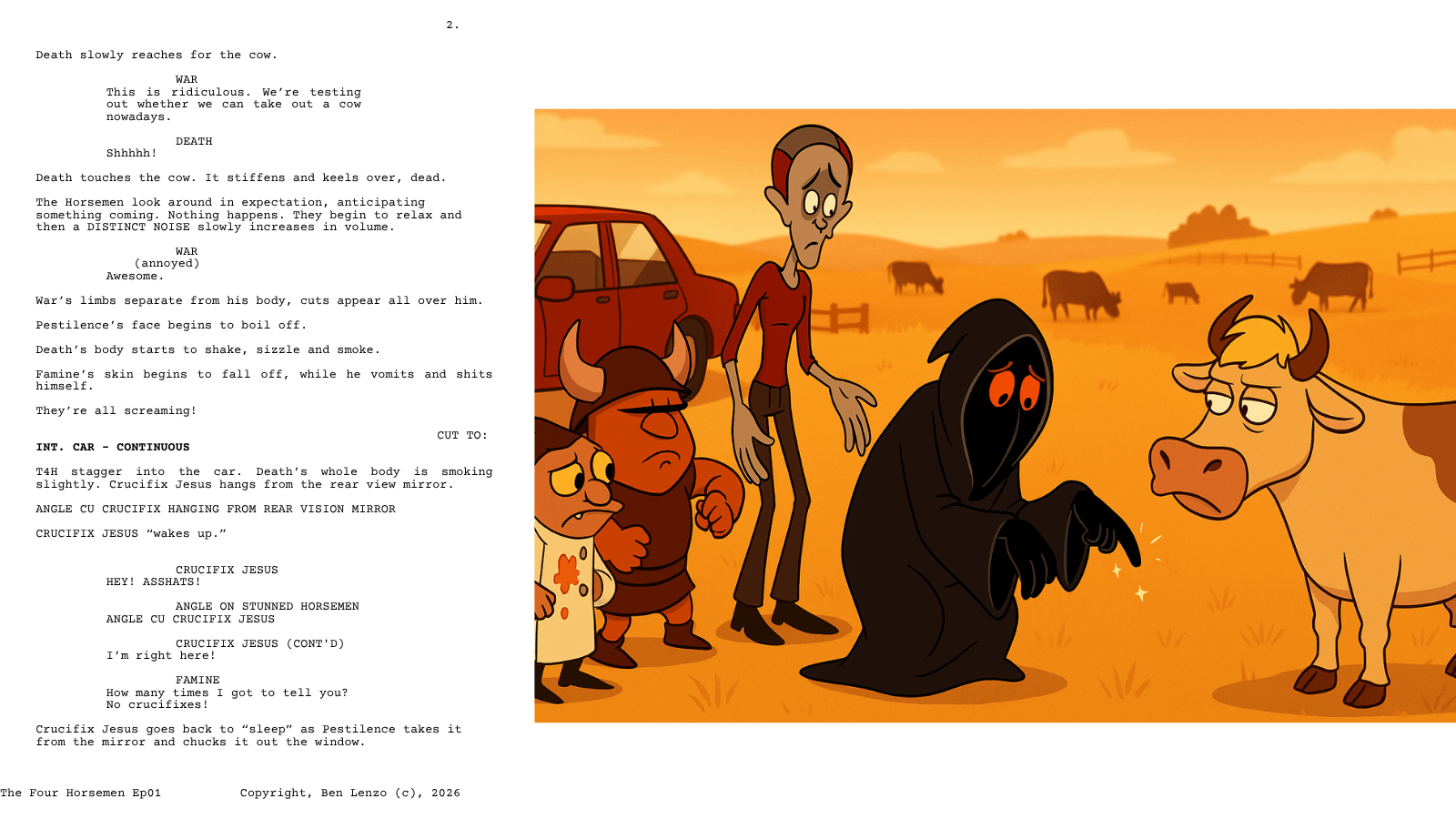 Screenplay page from The Four Horsemen Episode 1 alongside an animation still showing the four characters - Famine, War, Pestilence and Death - confronting a cow in a field at sunset.