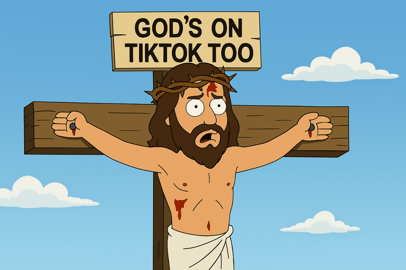 Cartoon Jesus on a crucifix with wide, surprised eyes, beneath a sign reading "GOD'S ON TIKTOK TOO".