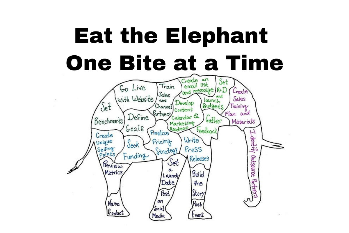 A hand drawn elephant made up of puzzle pieces: The Title says Eat the Elephant One bite at a time. The pieces say Finalise pricing strategy, post on social media, name product, host event, build the story, identify outsourcing partners, create sales training plan and materials, set R&D and launch budgets, create an email list, train sales and channel partners, go love with the website, set benchmarks, create unique selling points, and review metrics